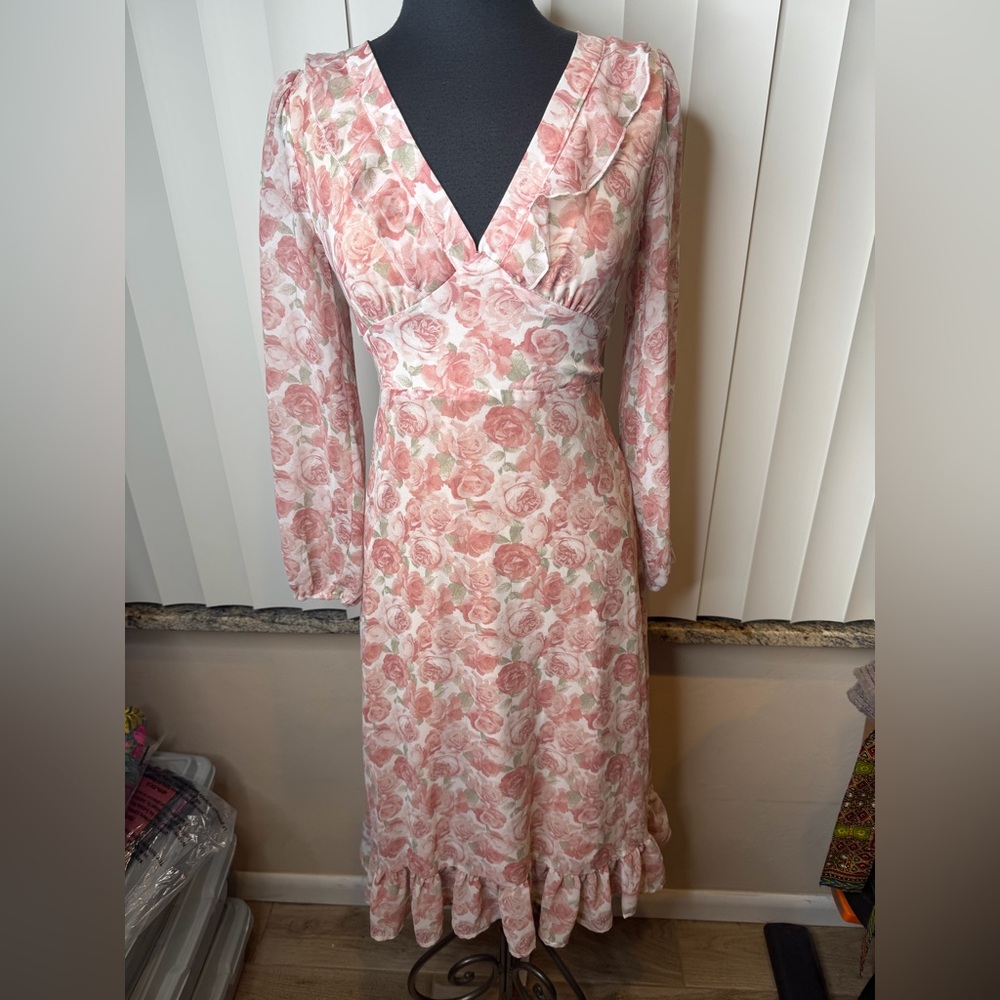 Francesca's Mi Ami Pink Floral V-Neck Long Sleeve Midi Dress Size Small